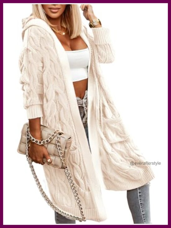 Sweaters - Oversized Cable Knit Cardigan with Hooded Neck Open Front Long Length